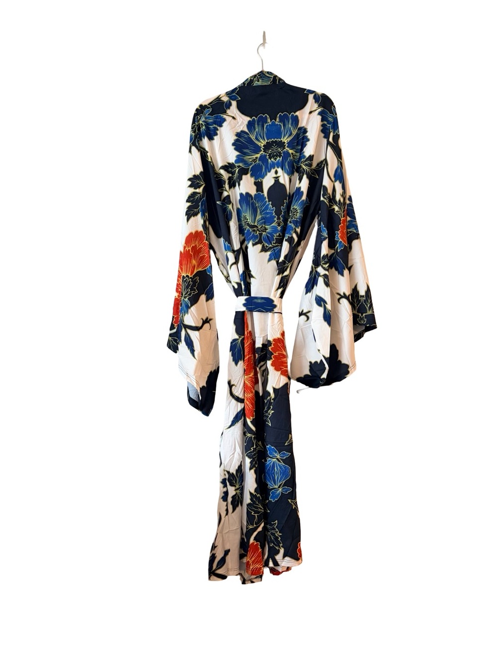 Floral Tie-Belt Kimono Jacket - White with Navy & Orange Floral